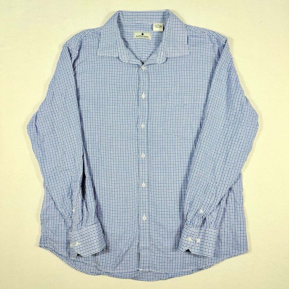 Southern Pines L/S Shirt Mens 2XL XXL Blue Mini Check Casual Button Up Coastal